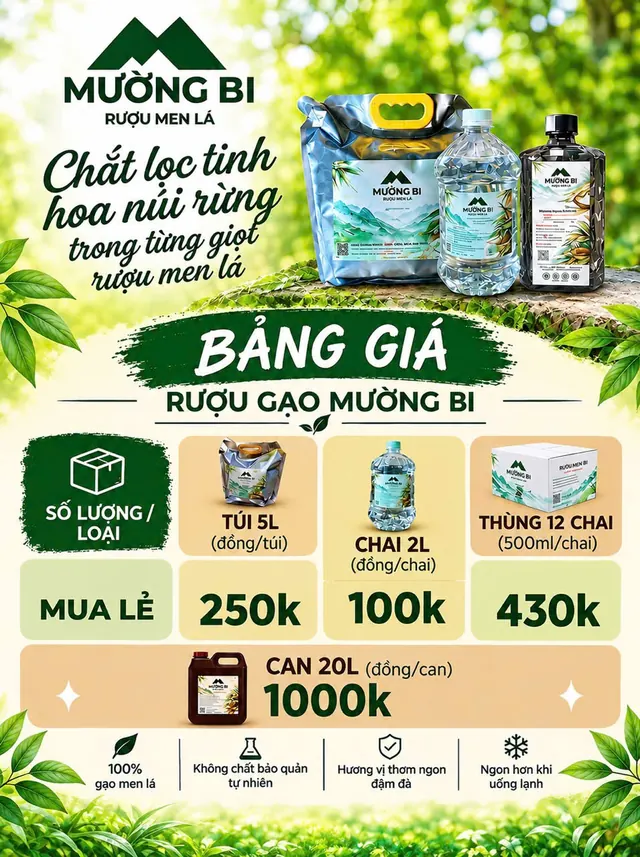 Bảng giá rượu gạo Mường Bi